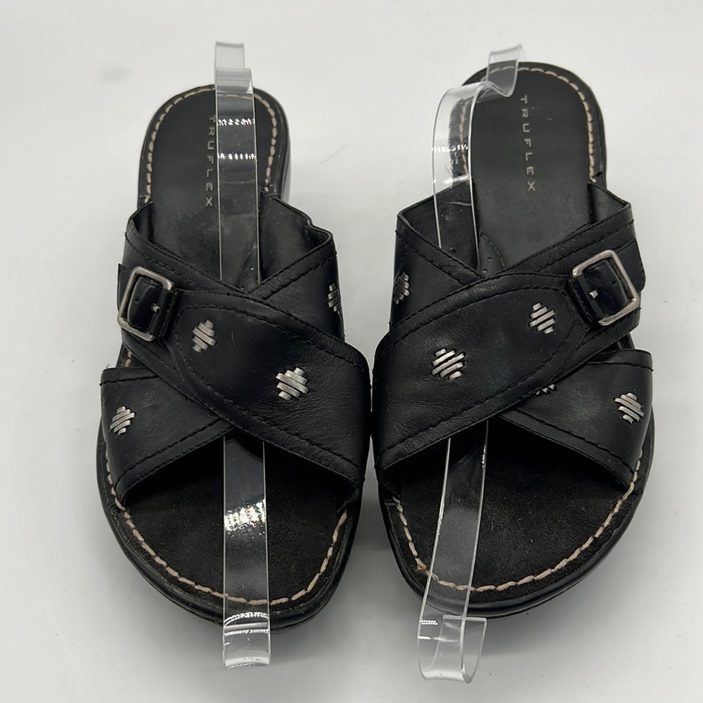 Truflex Black Leather Sandals with Cross Strap and Wedge Heel size 10